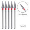 A set of five silver diamond nail drill bits with 11.8mm tips shown in various angles.