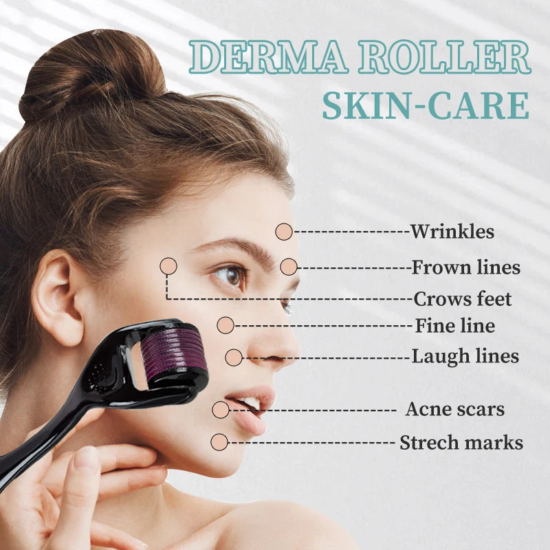 A woman is using a derma roller on her face to treat wrinkles, frown lines, acne scars, and stretch marks.