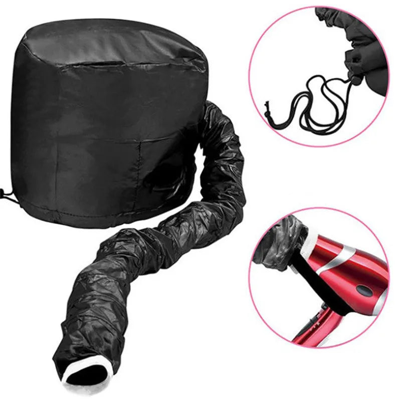 Black adjustable hair drying cap with a flexible hose and a handheld dryer attachment