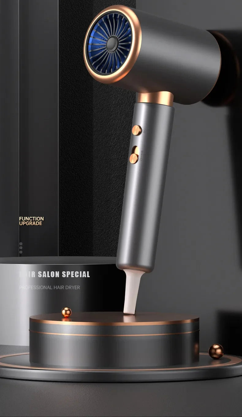 A sleek, metallic hair dryer with a blue light feature is displayed on a dark surface.