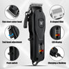 A black professional electric hair trimmer kit with various components shown in detail.