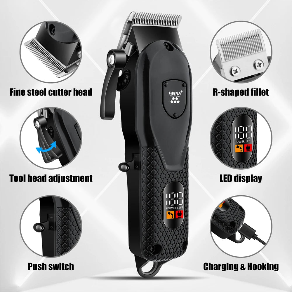 A black professional electric hair trimmer kit with various components shown in detail.