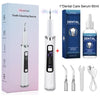 A set of dental care products including a tooth cleaning device, a dental serum bottle, and various dental tools.