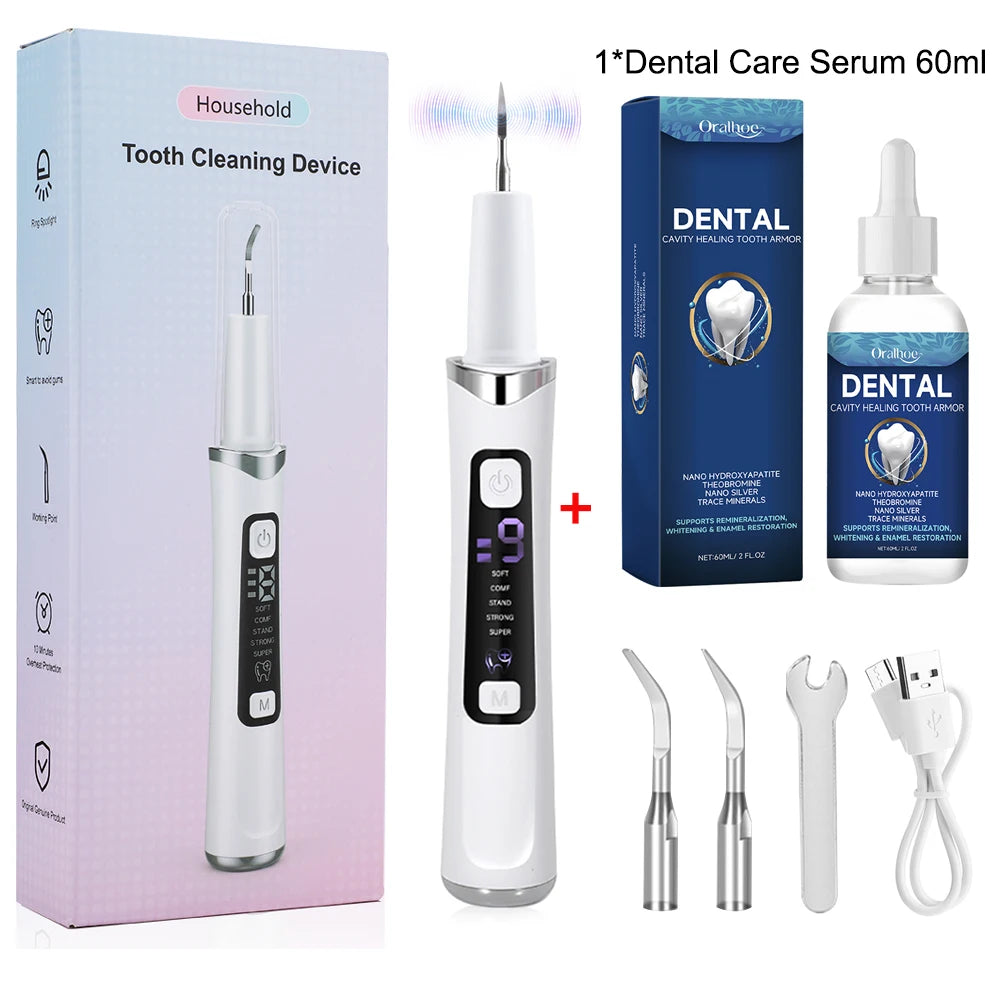 A set of dental care products including a tooth cleaning device, a dental serum bottle, and various dental tools.