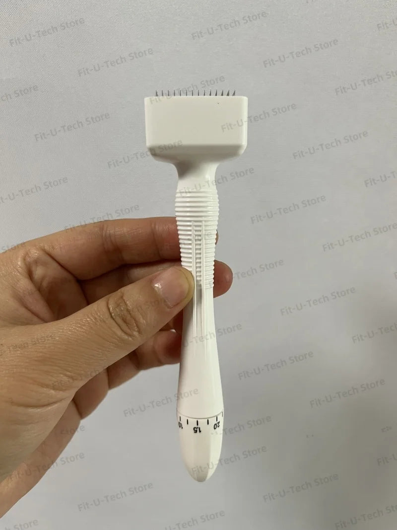 A hand holds a white adjustable microneedling derma stamp device with a scale for facial or scalp use.