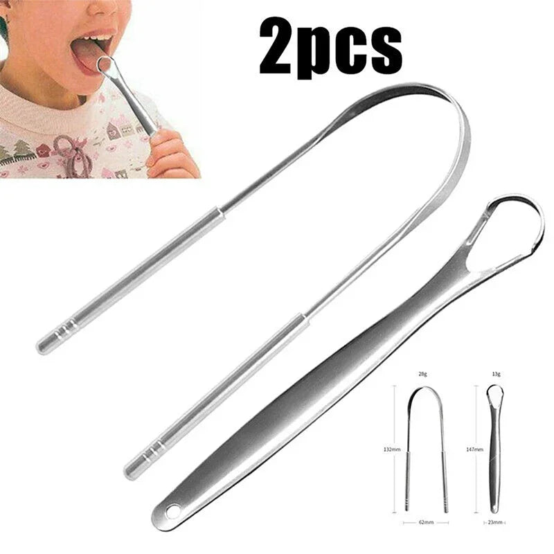 A set of two stainless steel tongue scrapers for oral hygiene, shown next to a person's mouth.