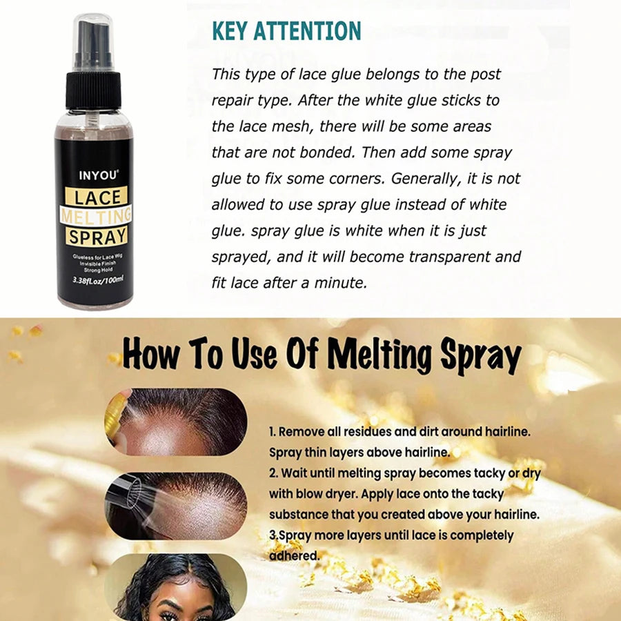 A bottle of Inyou Lace Melting Spray is shown next to instructions on how to use it for hair repair.