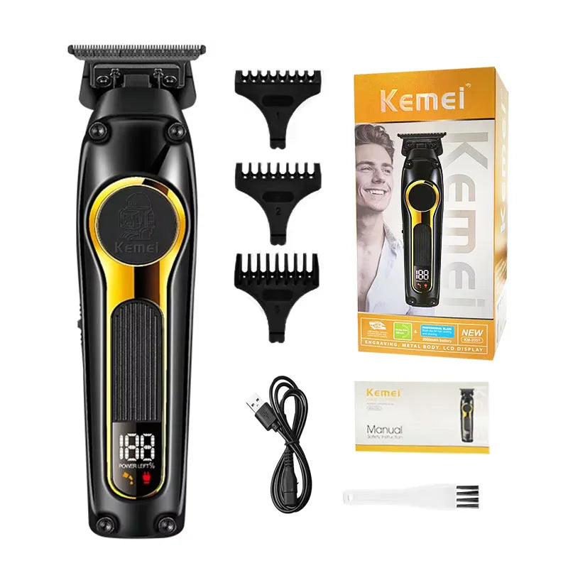 A black professional rechargeable electric hair clippers kit with multiple guard attachments and a manual.