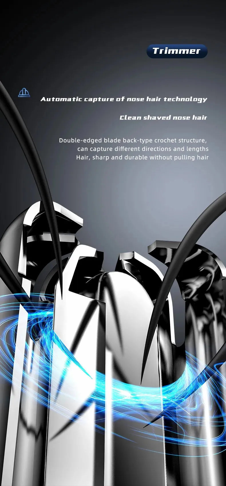 Close-up of a professional electric trimmer with a double-edged blade structure capturing nose hair.