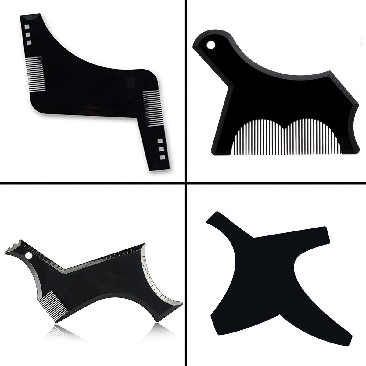 Black professional beard shaping and styling tool kit components shown in various angles