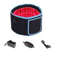 A black LED therapy belt with a red light display and accessories shown separately.