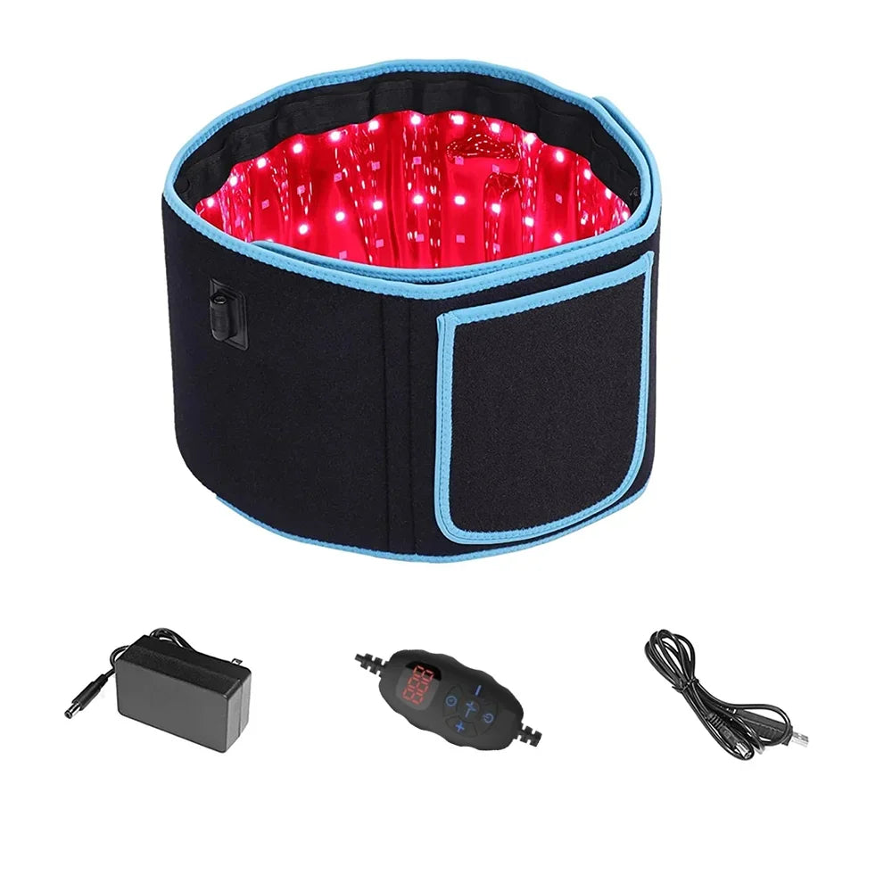 A black LED therapy belt with a red light display and accessories shown separately.
