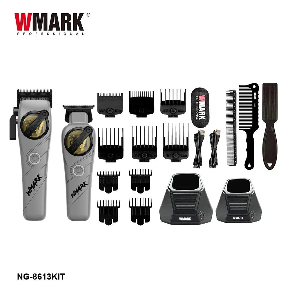 A set of professional cordless hair trimmer tools including various guards and attachments for hair styling.