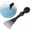 A black professional detangling hair brush set with multiple fine bristles shown alongside a circular display of the brushes.