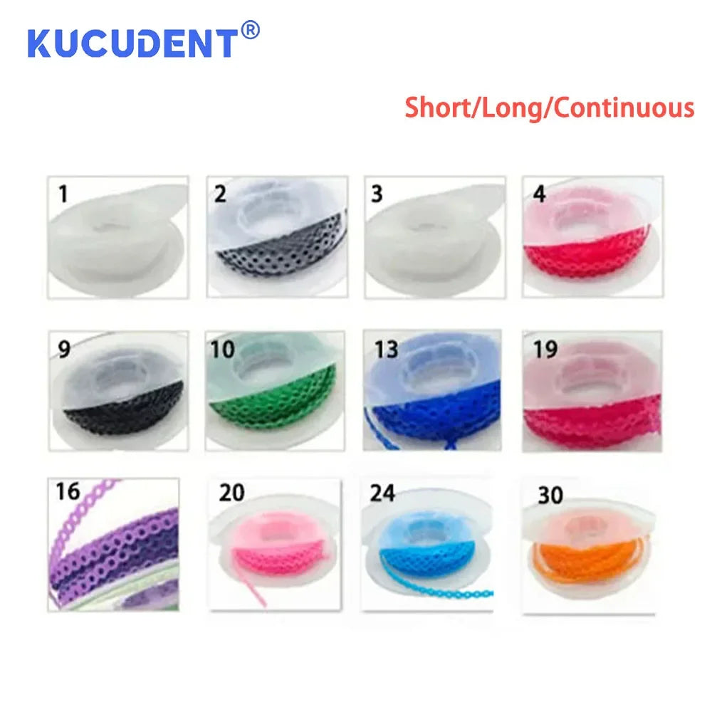 Various colors and types of short, long, and continuous dental orthodontic power chain elastic rubber bands.