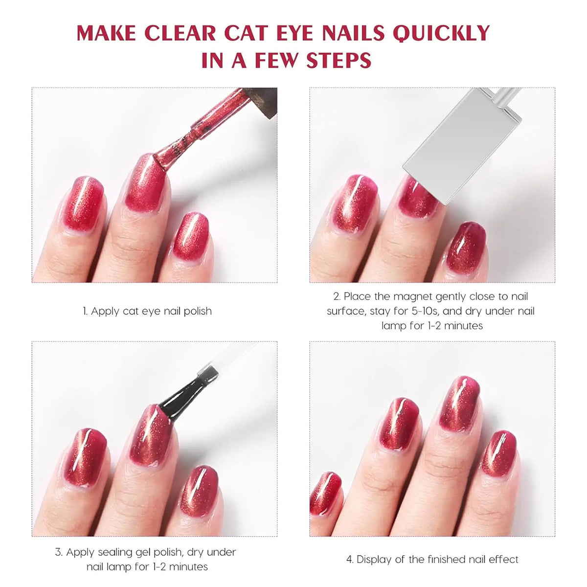 A step-by-step guide showing how to make clear cat eye nails using a magnet tool and gel polish.