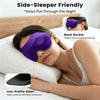 Une femme porte un masque de sommeil violet à bords pour réduire la pression sur les oreilles et les tempes pendant le sommei