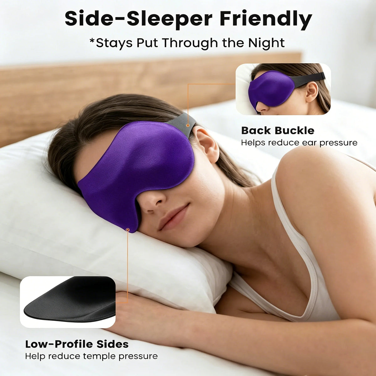 Une femme porte un masque de sommeil violet à bords pour réduire la pression sur les oreilles et les tempes pendant le sommei