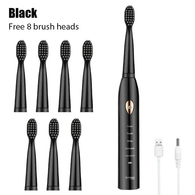 Black ultrasonic electric toothbrush with eight brush heads and charging cable
