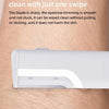 A close-up of a white sonic dermaplaning tool being used on skin.