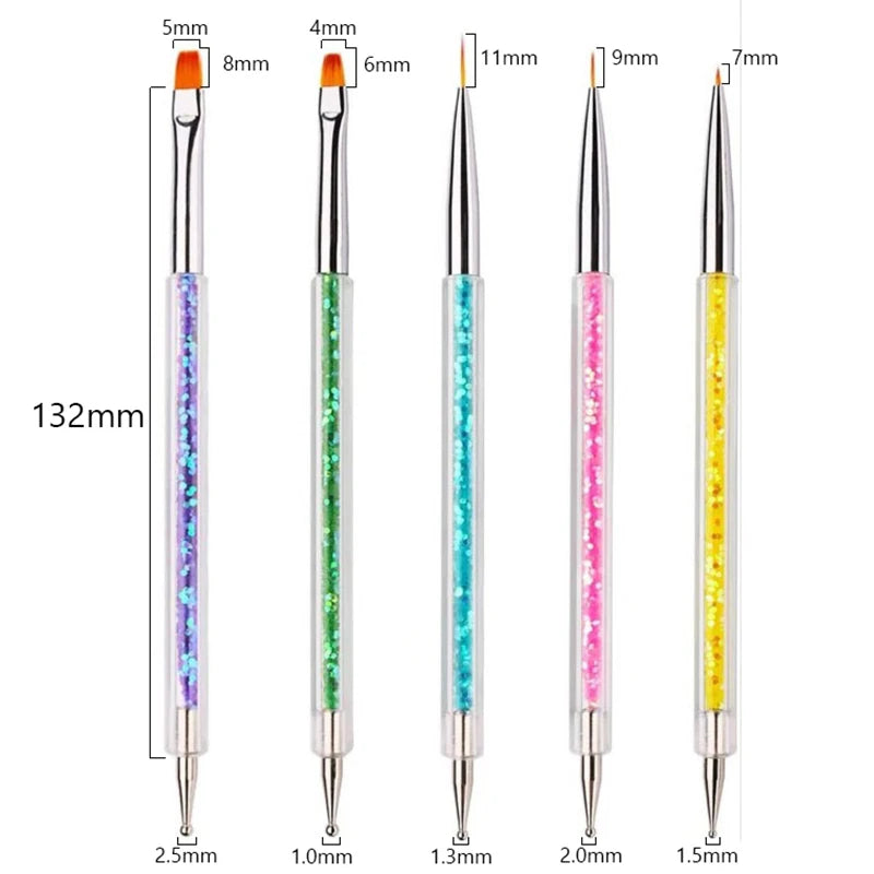A set of precision nail art brushes with various sizes and colors for gel and acrylic polish application.
