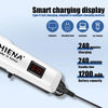 A white rechargeable battery pack with a digital display and charging cable, advertised for smart charging of various devices