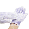 Purple exfoliating mitts for body massage shown on a hand