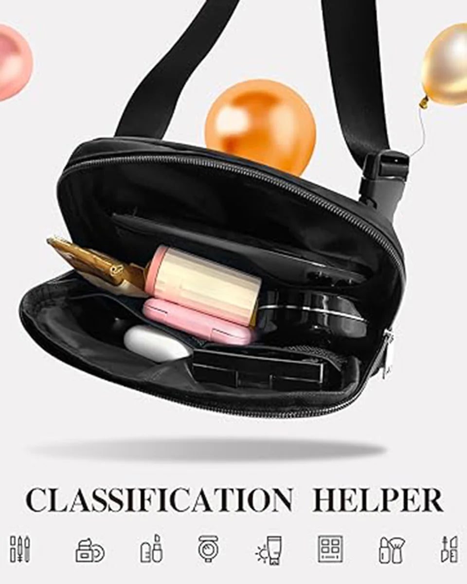 A black portable LED magnifying makeup mirror is shown with various cosmetic tools and a spherical light source.
