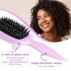 Rosa lockenförmiges Haarbürsten-Styling-Werkzeug mit Nylonborsten und ergonomischem Griff neben einem Kopf.