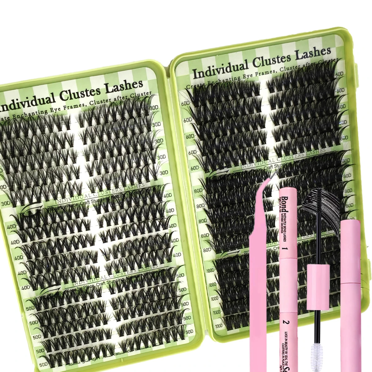 A set of individual lashes in various lengths and styles packaged in a green plastic case.