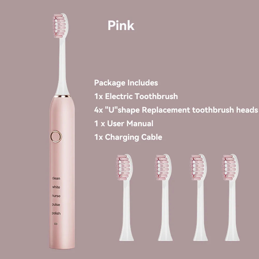Pink sonic electric toothbrush package including one brush, four replacement heads, user manual, and charging cable.