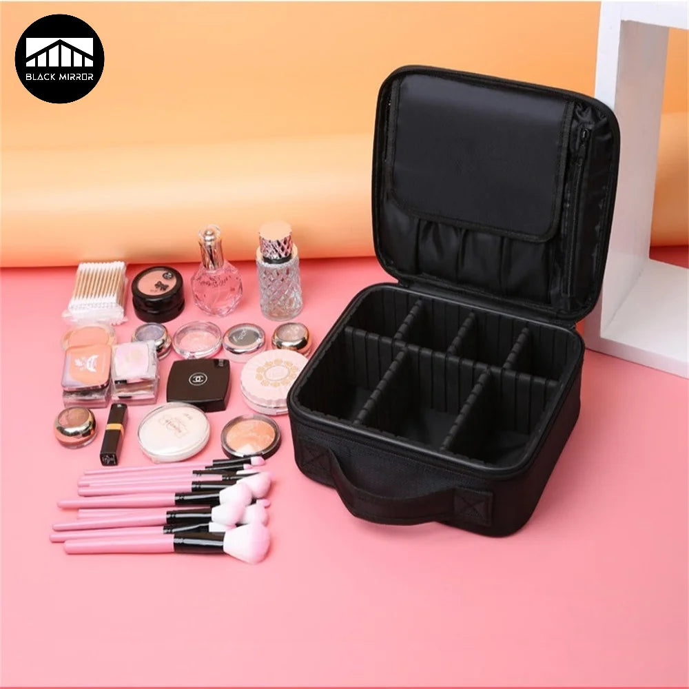 A black portable makeup organizer bag is open, displaying various cosmetic products and brushes inside.