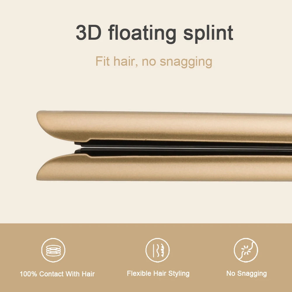A close-up view of a bronze titanium hair straightener designed for floating and flexible styling.