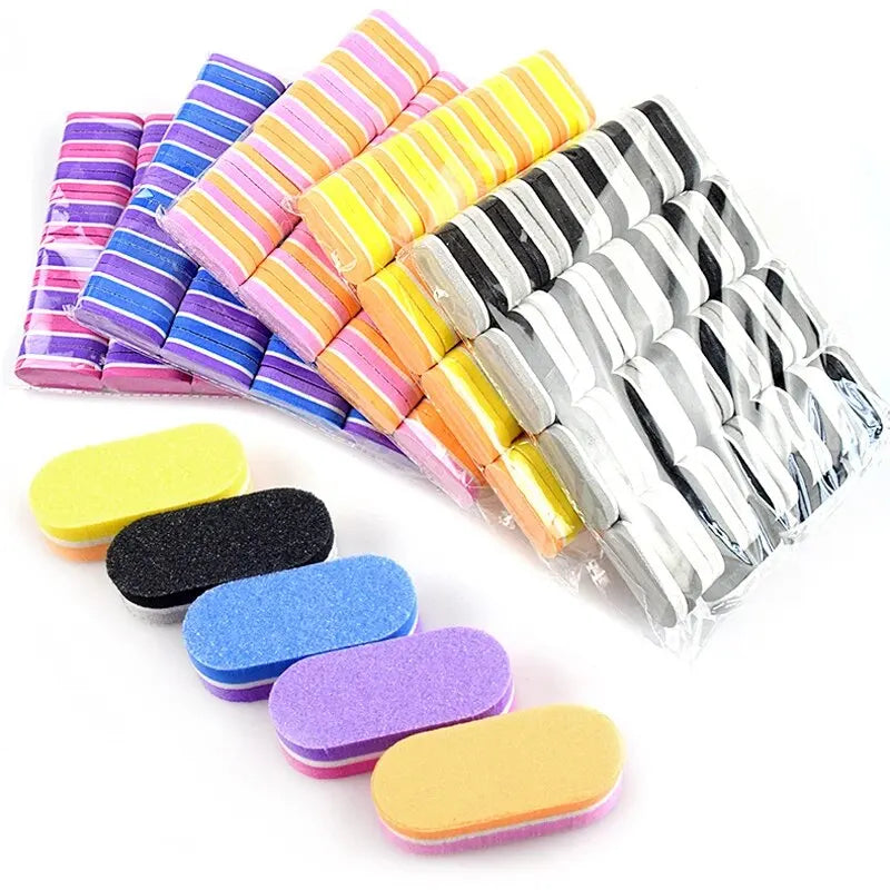 A pack of 50 nail buffing blocks in various colors including yellow, pink, purple, and black.