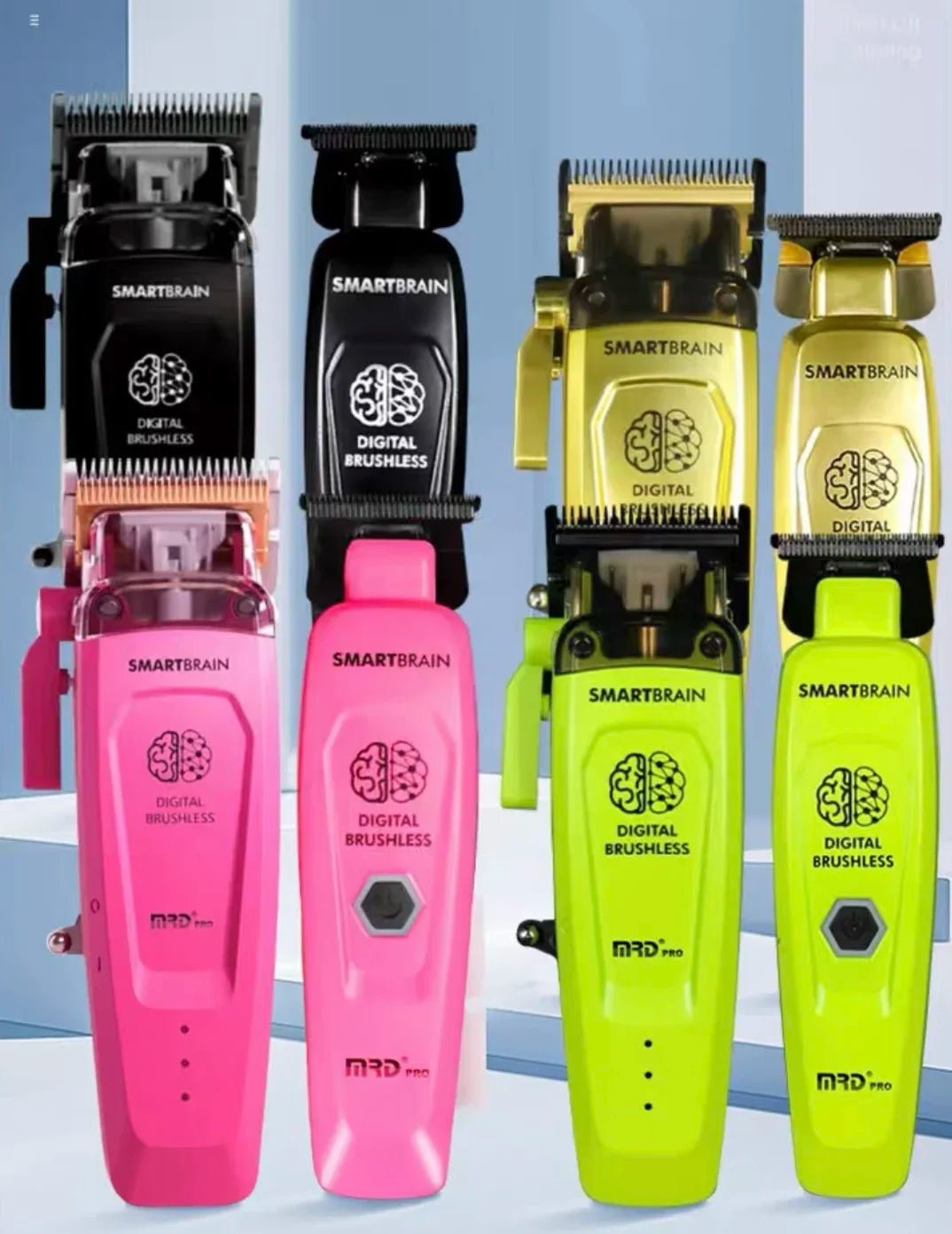 A collection of SmartBrain digital brushless electric hair clippers in pink, black, yellow, and lime green.