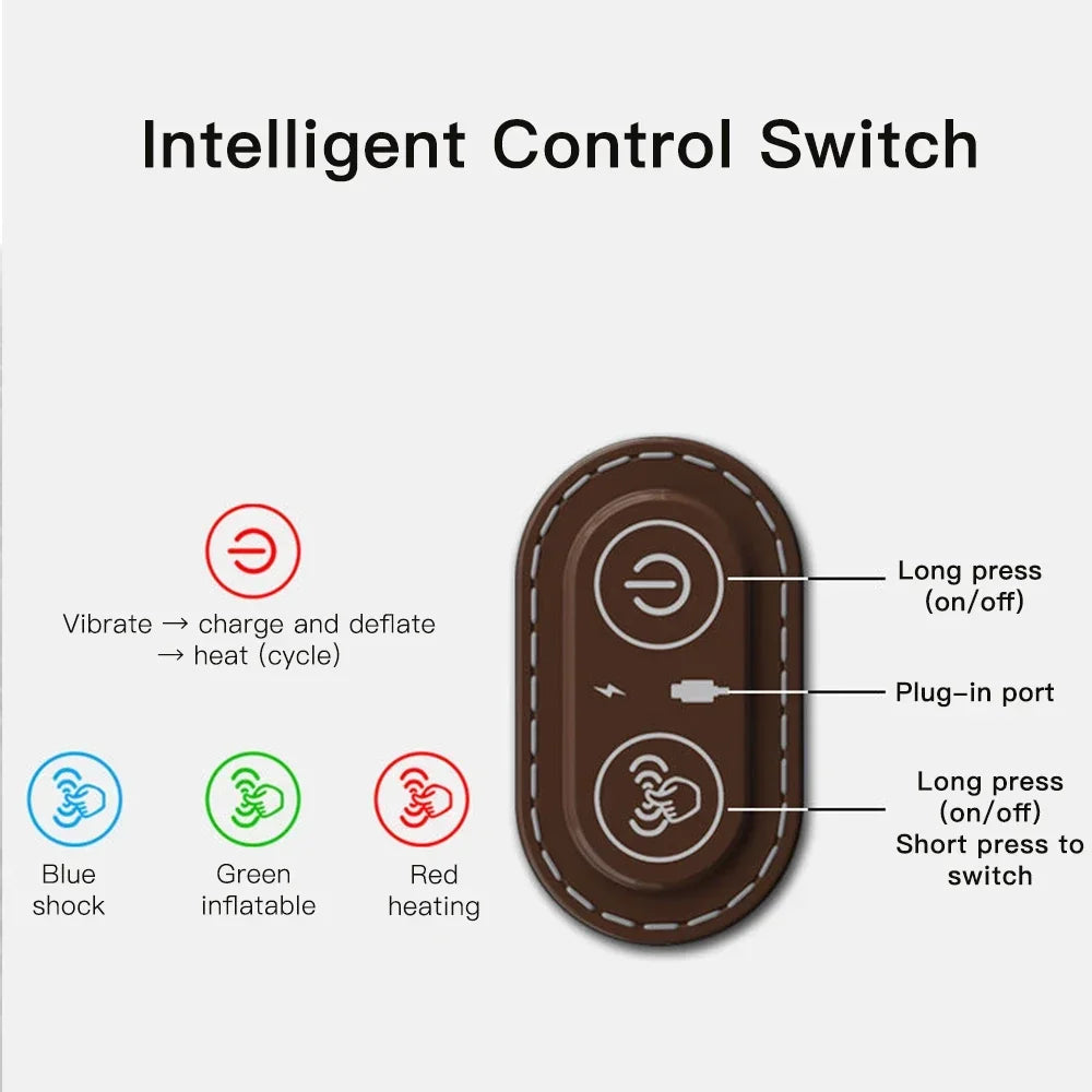 An intelligent control switch device with buttons for vibrate, charge and deflate, heat, and plug-in port.