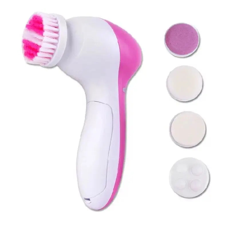 Cepillo facial eléctrico blanco y rosa con múltiples accesorios mostrado junto a la unidad principal.