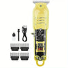 Yellow professional cordless hair clipper and beard trimmer with detachable blades and charging cable
