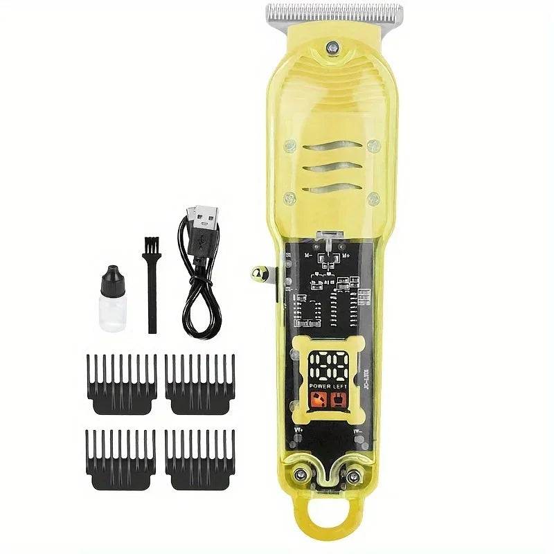 Yellow professional cordless hair clipper and beard trimmer with detachable blades and charging cable