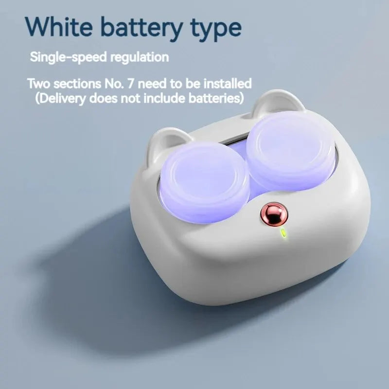A white battery type contact lens cleaning case with two sections for single-speed regulation.