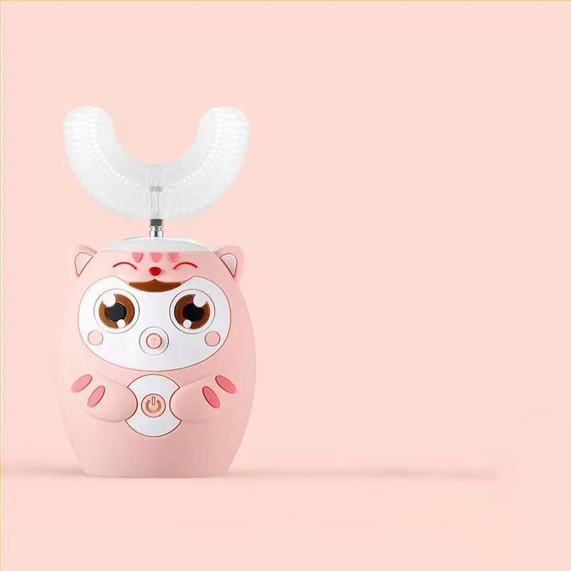 A pink ceramic electric toothbrush shaped like a cute panda face with a white silicone brush head.