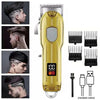 A gold electric hair clipper and trimmer set with various attachments shown alongside a person using the device.