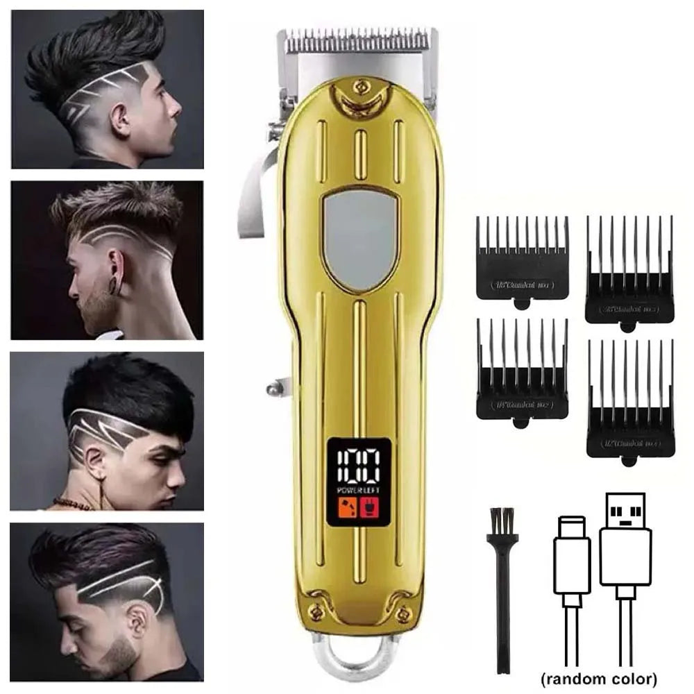 A gold electric hair clipper and trimmer set with various attachments shown alongside a person using the device.