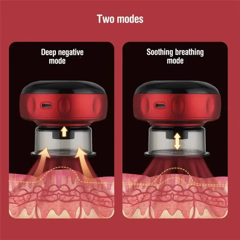 Two modes of an electric cupping set for skin massage showing different modes and skin surface.