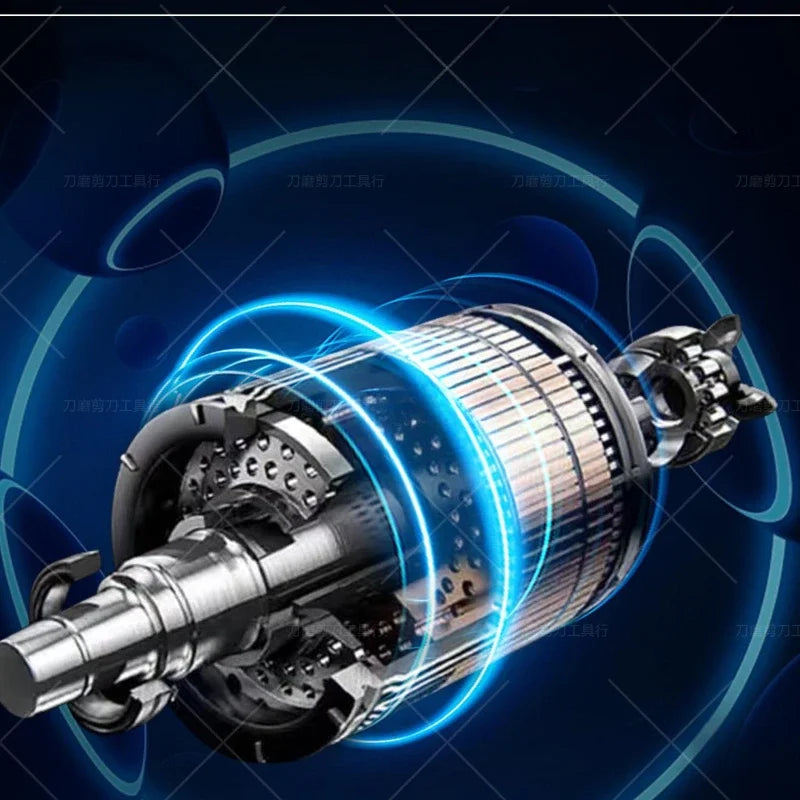 A close-up view of a professional cordless hair clipper and trimmer with blue glowing energy effects.