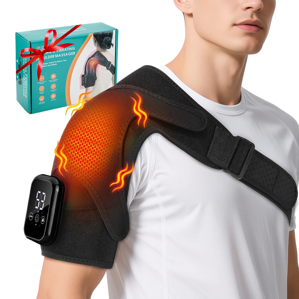 A person is wearing an electric shoulder heating and vibration massager on their arm, showing glowing heat points.