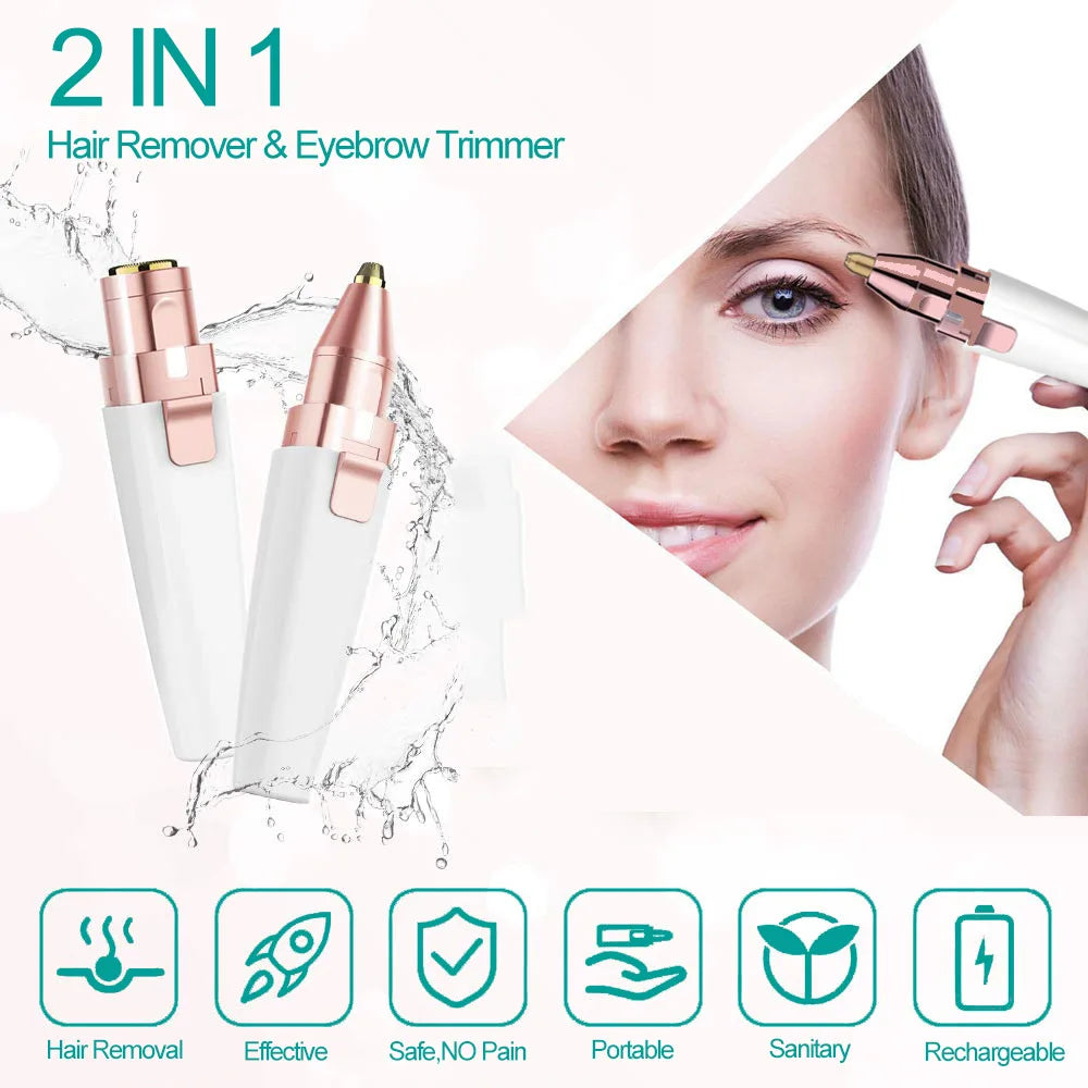 Dispositivo para quitar el vello y recortar cejas, mostrado junto a la cara de una mujer, destacando sus características.
