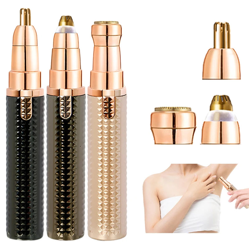 Three versions of an electric facial and body hair remover device in black, silver, and rose gold finishes.