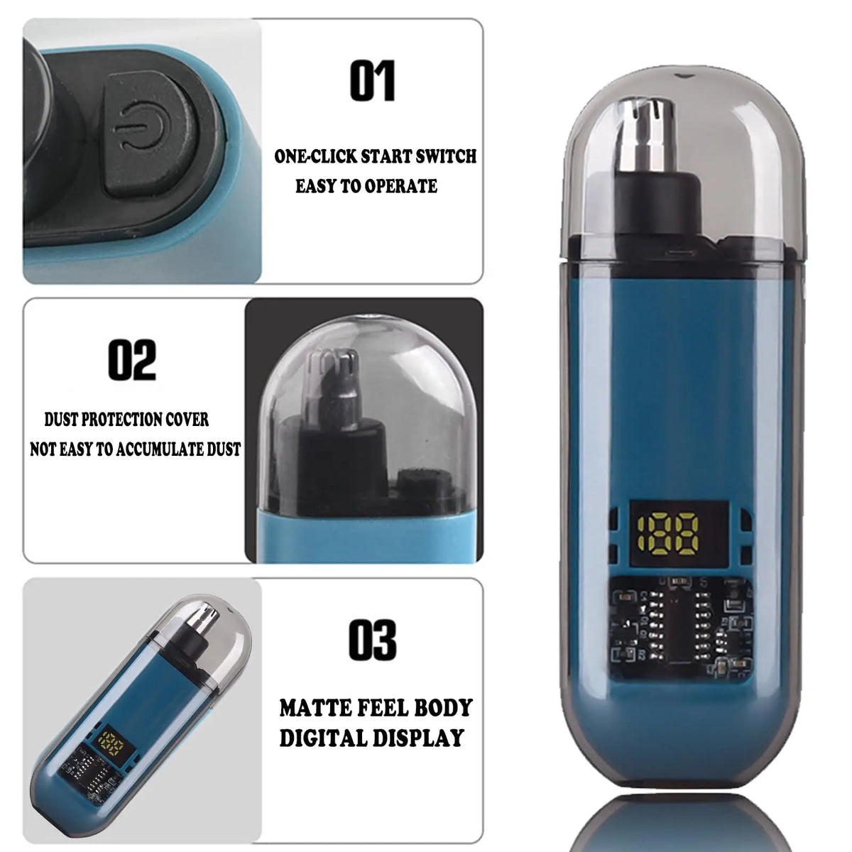 A portable electric nose ear hair trimmer shown with three features: one-click start switch, dust protection cover, and a mat