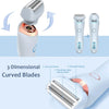 A 2-in-1 electric shaver with interchangeable blade heads, showing curved and straight blades.